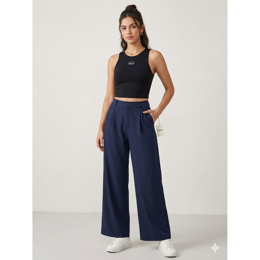 Halara High Waisted Wide Leg Petite Trousers Navy Blue Size L 02840642